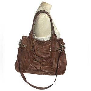 B. Makowski Brown Leather Buckle Strap Silver Tone Satchel Handbag purse Bag